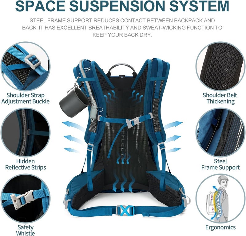 INOXTO IX Hiking Backpack, Waterproof Hiking Daypack with 3L Water Bladder and Rain Cover, Lightweight Travel Camping Backpack for Men Women (Blue) - Image 4